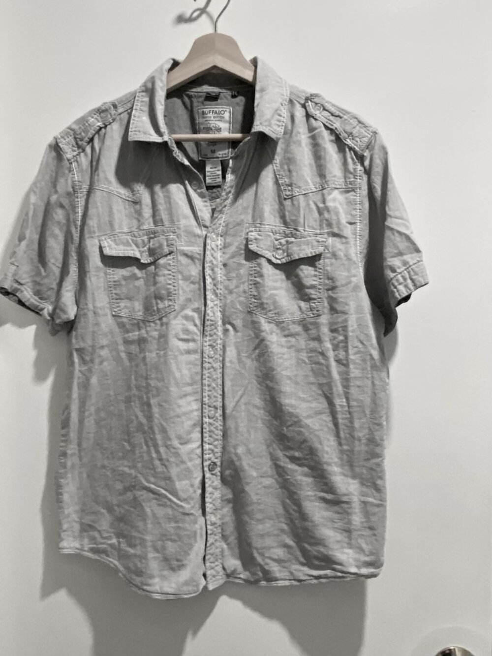 Men Buffalo DB Grey Vintage Fitted Cotton S/S Preppy Grunge Western Y2K Shirt M